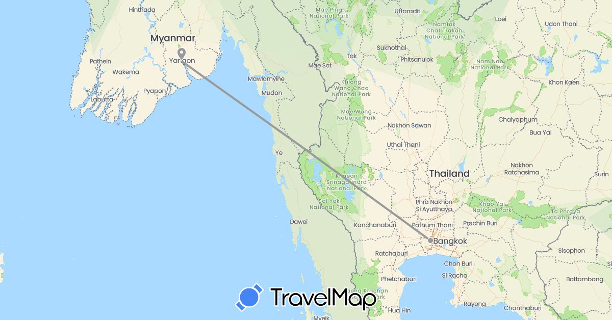 TravelMap itinerary: plane in Myanmar (Burma), Thailand (Asia)
